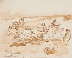 Galloping Horses Pulling a Sled by Franz Alekseyevich Roubaud, Brown ink and wash on painted mounted on card, offered Nov 2020