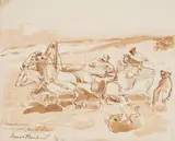 Franz Alekseyevich Roubaud, Galloping Horses Pulling a Sled, Brown ink and wash on painted mounted on card