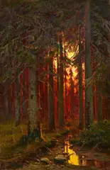 Julius von Klever, Sunset in a Spruce Forest, Oil on canvas