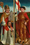 Upper Rhine-Region circa 1500, Two Altarpiece Panels: Holy Bishop with a Church and Donor / Saint George, Oil on panel. Together