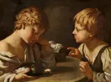 Bolognese School early 17th century, Two Boys with Doves, Oil on canvas (relined)