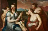 called Il Padovanino Alessandro Varotari, Venus Blindfolding Cupid, Oil on canvas (relined)