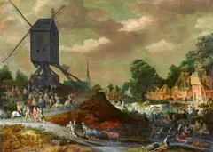 Adriaen van Stalbemt, Post Mill on a Riverbank, Oil on panel (parquetted)