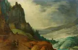 Joos de Momper, Mountain Landscape with a Church and Travellers