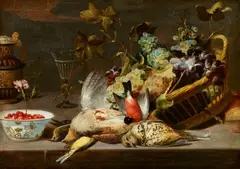 Frans Snyders, Still Life with Birds and a Basket of Grapes, Oil on panel (parquetted)