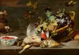 Frans Snyders, Still Life with Birds and a Basket of Grapes, Oil on panel (parquetted)