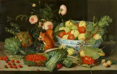 Peter Binoit, Still Life with Fruit, Vegetables, Roses in a Vase and a Squirrel, Oil on panel (parquetted)