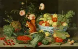 Peter Binoit, Still Life with Fruit, Vegetables, Roses in a Vase and a Squirrel, Oil on panel (parquetted)