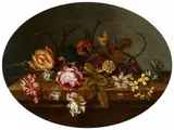 Ambrosius Bosschaert II, Still Life with Roses, Tulips, Iris and a Caterpillar on a Table, Oil on panel
