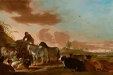 Cornelis Saftleven, Landscape with a Young Peasant on a Cart with Horses, Cattle, and Goats, Oil on panel