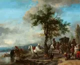 Philips Wouwerman, Elegant Company in a Carriage by a Riverbank