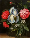 Flemish School 17th century, Iris, Rose, Carnations and a Citrus Branch in a Glass Vase, Oil on panel (parquetted)