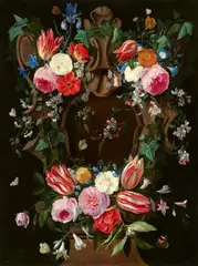 Jan van Kessel, Stone Cartouche with a Garland of Flowers, Oil on panel