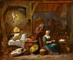 David Teniers the Younger, Rustic Kitchen Still Life with a Couple, Oil on panel (parquetted)