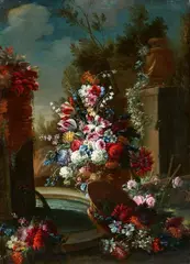 Gasparo Lopez, Two Flower Still Lifes in Landscapes, Oil on canvas (relined). Each