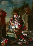 Gasparo Lopez, Two Flower Still Lifes in Landscapes, Oil on canvas (relined). Each