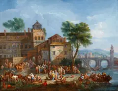 Mathys Schoevaerdts, Harbour Landscape with Merchants and Fishermen, Oil on canvas