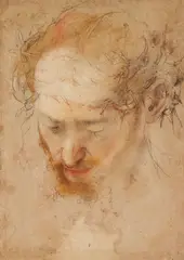 Federico Barocci, The Head of Christ with the Crown of Thorns, Chalk pastel in black, white, red, and ochre on tinted paper