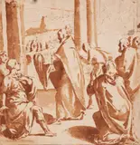 Bolognese School late 16th century, Kneeling Figures and a Standing Saint, Brown ink and wash on paper, mounted on thin card