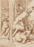 attributed to Hans von Aachen, Bacchanalia Scene, Brown ink and wash on textured paper