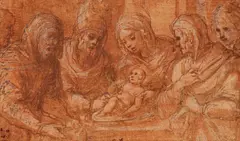 attributed to Giacomo Cavedone, The Circumcision, Brown ink and wash over graphite on textured paper, mounted on thin card