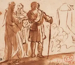 Rembrandt school, Christ at Emmaus, Brown ink and was