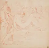French School late 17th century, The Entombment of Christ, Sanguine on paper, mounted on thin card