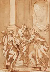 attributed to Domenico Piola, The Visitation, Brown ink and wash over sanguine