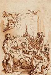 attributed to Carlo Maratta, Four Saints and Two Angels at an Altar with the Host, Brown ink and was