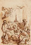 attributed to Carlo Maratta, Four Saints and Two Angels at an Altar with the Host, Brown ink and was