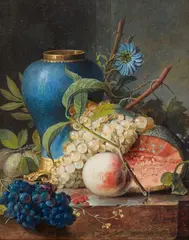 Jean Louis Prévost, Still Life with Fruit and a Blue Vase, Gouache on paper