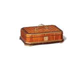 A rare shallow document box by Abraham Roentgen, A rare shallow document box by Abraham Roentgen, Olive wood, mahogany, and kingwood veneers on solid mahogany and oak with fire-gilt bronze, brass, and steel mounts. Oblong box with bevelled edges, hinged top and handle. The protruding base resting on four curved, angular bracket feet. A finely engraved cartouche-shaped lock plate opens by pushing a button which activates a spring mechanism to reveal the keyhole. The box contains a large mahogany veneered compartment. The lid decorated with rhombus mosaic and kingwood trellis work. The side faces with olive wood veneer. H 10.5, W 31.5, D