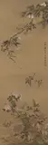 Uragami Shunkin, Hanging scroll, depicting three sparrows above chrysanthemums and autumn flowers, above two birds on a flowering branch. Ink and colours on silk. Dated cyclically tsuchinoto-u (..., Hanging scroll, depicting three sparrows above chrysanthemums and autumn flowers, above two birds on a flowering branch. Ink and colours on silk. Dated cyclically tsuchinoto-u (1819) and inscribed Shunkin koji and sealed Siegel: Yaku? Sen no in and Shunkin. Wooden box