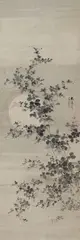 Unidentified painter, Hanging scroll, depicting blossoming hagi underneath a full moon. Ink on paper. Signed and sealed., Hanging scroll, depicting blossoming hagi underneath a full moon. Ink on paper. Signed and sealed