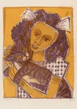 Otto Dix, Mädchen mit Katze II (Kopf schräg), 1956, Colour lithograph on laid paper with watermark "VAN GELDER ZONEN"