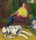 Conrad Felixmüller, Erwin Nikolaus im Atelier, mit Dogge