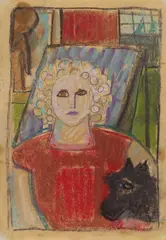 Kleinformat 329 (Frau Fischer mit Hund) by Ida Kerkovius, 1951, Pastel chalk over pencil drawing on thin drawing paper 27.7 x 20/, sold Jun 2020