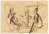 Mann und Frau im Gespräch unter einem Sonnenschirm (Balkonszene). Verso: Variation derselben Szene by Ernst Ludwig Kirchner, Circa 1935, Brown pen and ink drawing resp. pencil drawing verso on sketchbook paper with rounded corners, sold Jun 2020