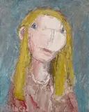 Clifford Holmead Phillips, Fille blonde (long hair, red dress, blue-grey-background)