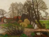 Otto Modersohn, Vorfrühling in Fischerhude (Fischerhuder Häuser mit Graben und Brücke), 1926, Oil on artist's board