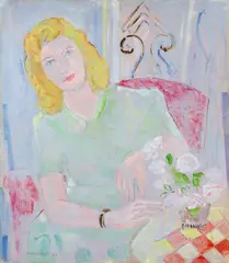 Grüne Dame im roten Sessel by Oskar Moll, 1946, Oil and black chalk on artist's board, offered Jun 2020