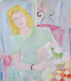 Oskar Moll, Grüne Dame im roten Sessel, 1946, Oil and black chalk on artist's board