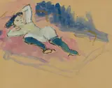 Akt mit Armen hinter dem Kopf. Verso: Akt (each Helene Nesnakomoff) by Marianne von Werefkin, 1909, Gouache and pen and ink drawing resp. verso sanguine and pen and ink drawing, on light grey machine-made laid paper, offered Jun 2020