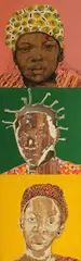 Aimé Mpane, Kinoct VI, X, XV, 2011, 3 works: each oil and pigments on hand carved wood. Each