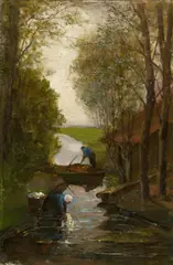 Piet Mondrian, Farm building near irrigation ditch with farmer at work and woman doing the laundry, Circa 1898-1902, Oil on canvas