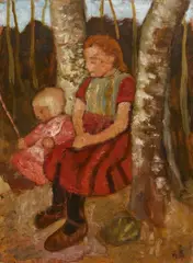 Paula Modersohn-Becker, Kinder zwischen Birkenstämmen, 1904, Oil on card, laid down on wooden panel