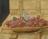 Max Slevogt, Crevetten auf Eis, 1913, Oil on wooden panel