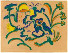 August Macke, Orientalisches Liebespaar, 1912, Gouache and black chalk on fine brownish paper, laid down on card