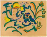 August Macke, Orientalisches Liebespaar, 1912, Gouache and black chalk on fine brownish paper, laid down on card