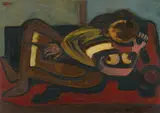 Jankel Adler, Liegendes Mädchen (Reclining Girl), 1941, Oil and sand (on thin card) on plywood